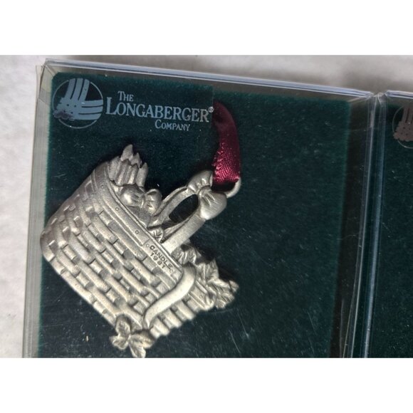 Longaberger Pewter Basket Ornament Set Of 4 With Red Ribbon In Original Box - Picture 3 of 16